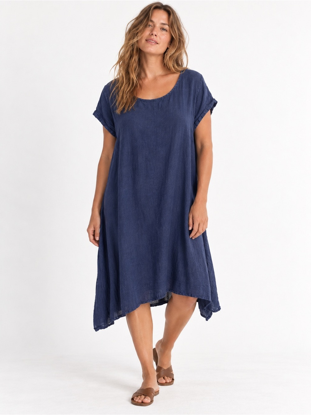 Brynn Walker Blue Linen Midi Dress Lagenlook Loose Fit Shapeless Coastal Beachy